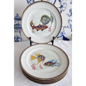 Set/5 Winterling Roslau Fish Plates 9.5"D Bavaria Germany Gold Rim VIBRANT Color
